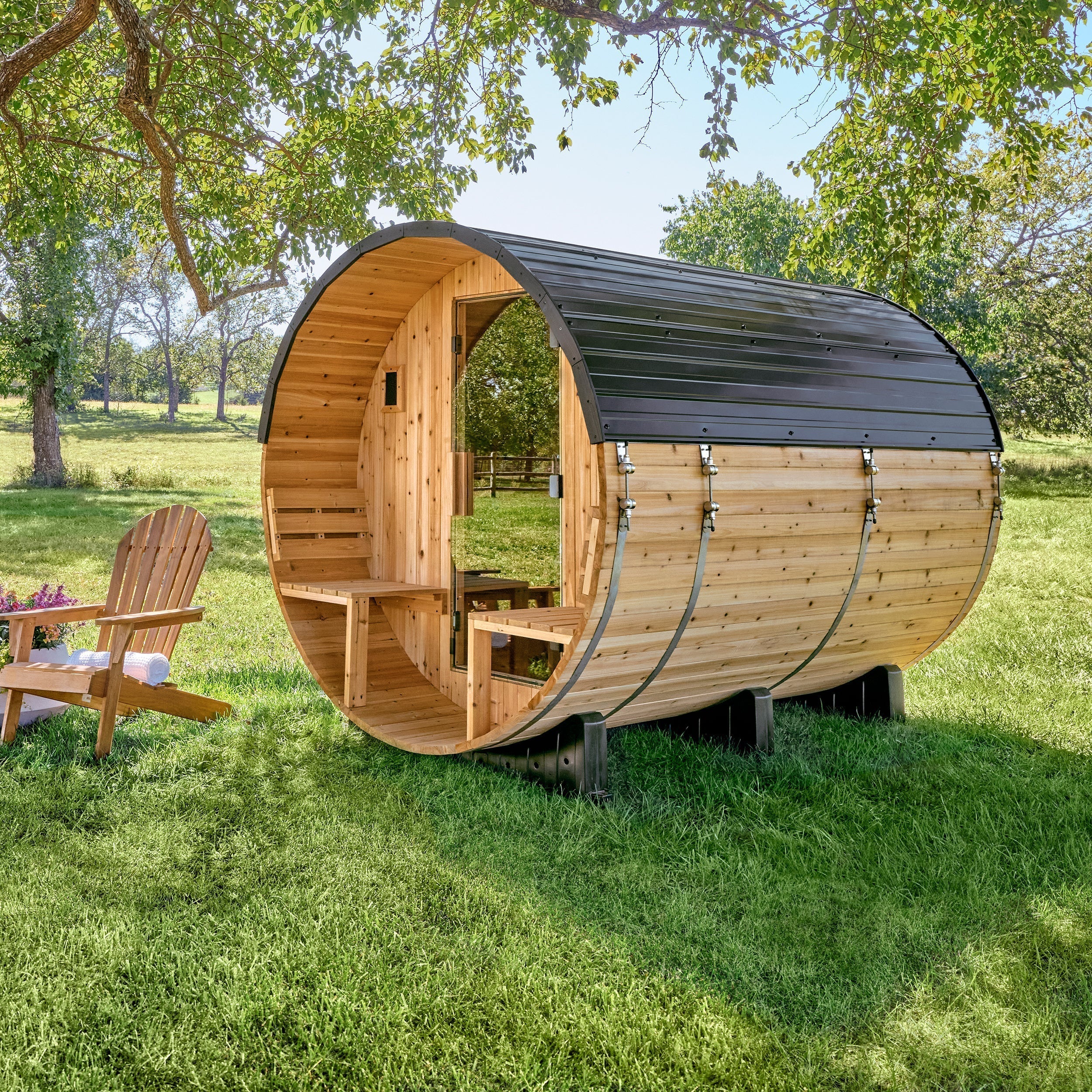 Paxton Outdoor Barrel Sauna with Porch – 4-6 Person - Shipping Included - Saunas